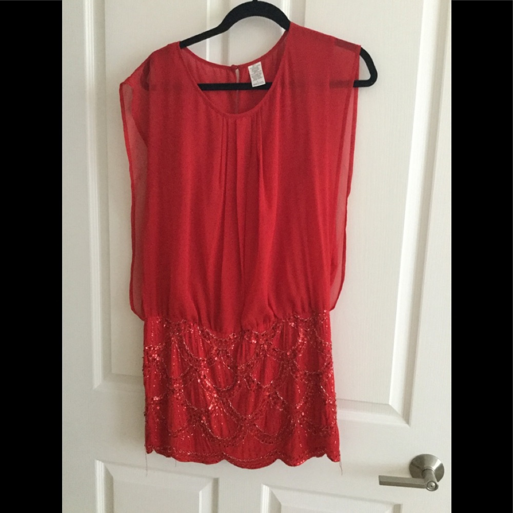 Red and sequin dress.